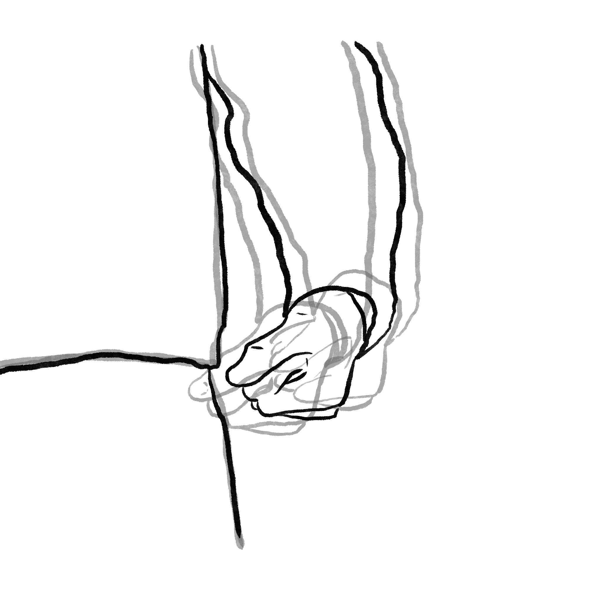 Figure 2.2. Dessin montrant le mouvement d’une main fermée en un poing qui cogne contre une cuisse. Extrait de la cueillette de gestes. Autrice&nbsp;: Assia Musitelli Chabane, 2023
