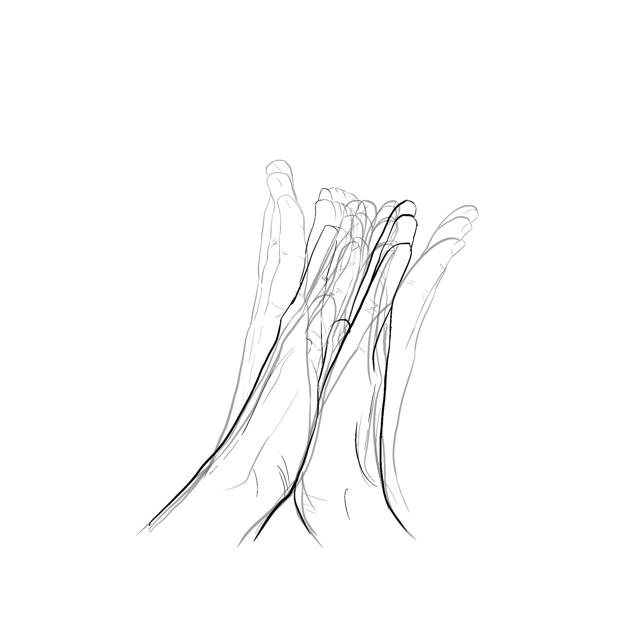 Figure 3.1. Dessins superposés de mains posées l’une dans la paume de l’autre&nbsp;; extrait de la cueillette de gestes. Autrice&nbsp;: Assia Musitelli Chabane, 2023