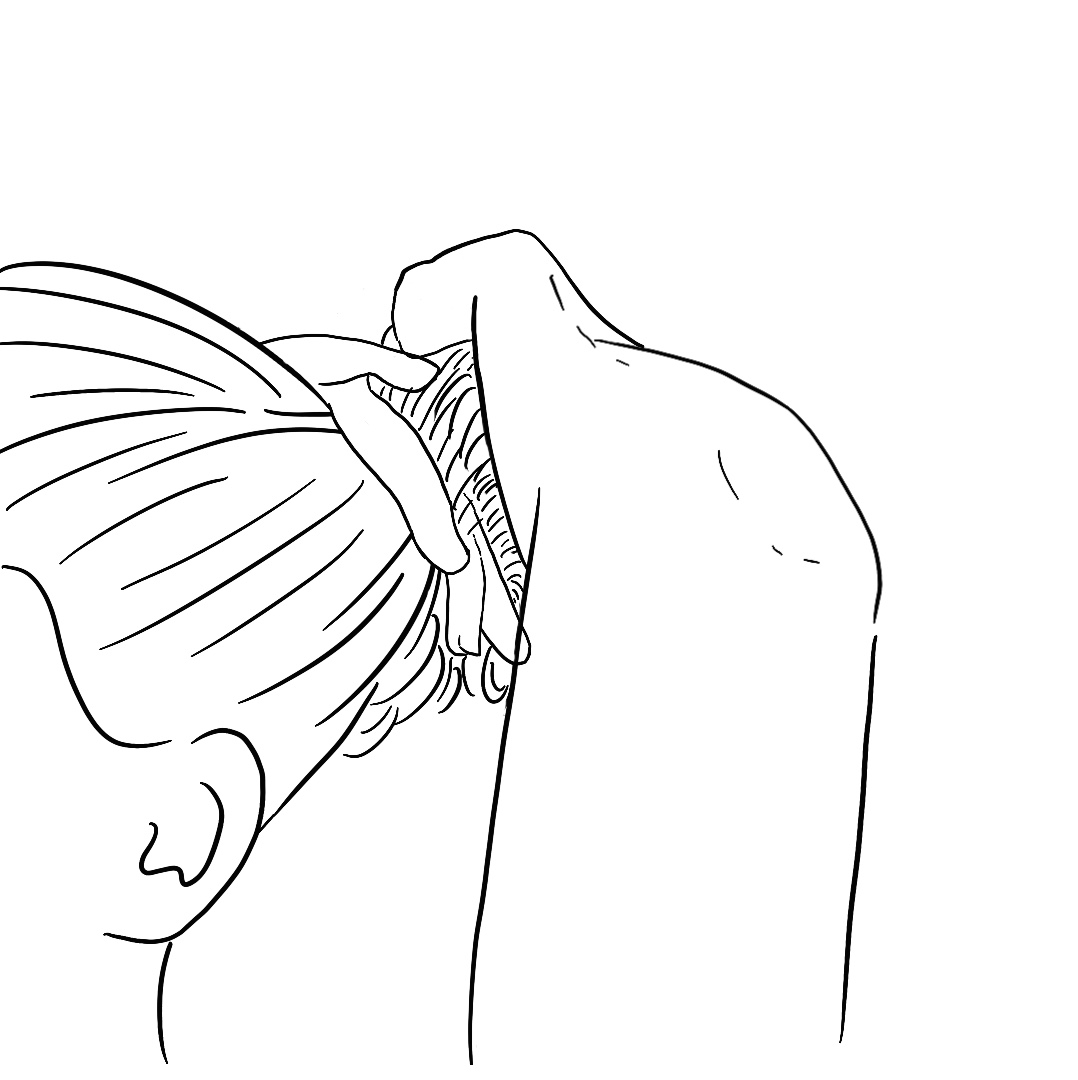 Figure 3.2. Dessin représentant les mains d’une personne dans ses cheveux, sans doute en train de se recoiffer&nbsp;; extrait de la cueillette de gestes. Autrice&nbsp;: Assia Musitelli Chabane, 2023