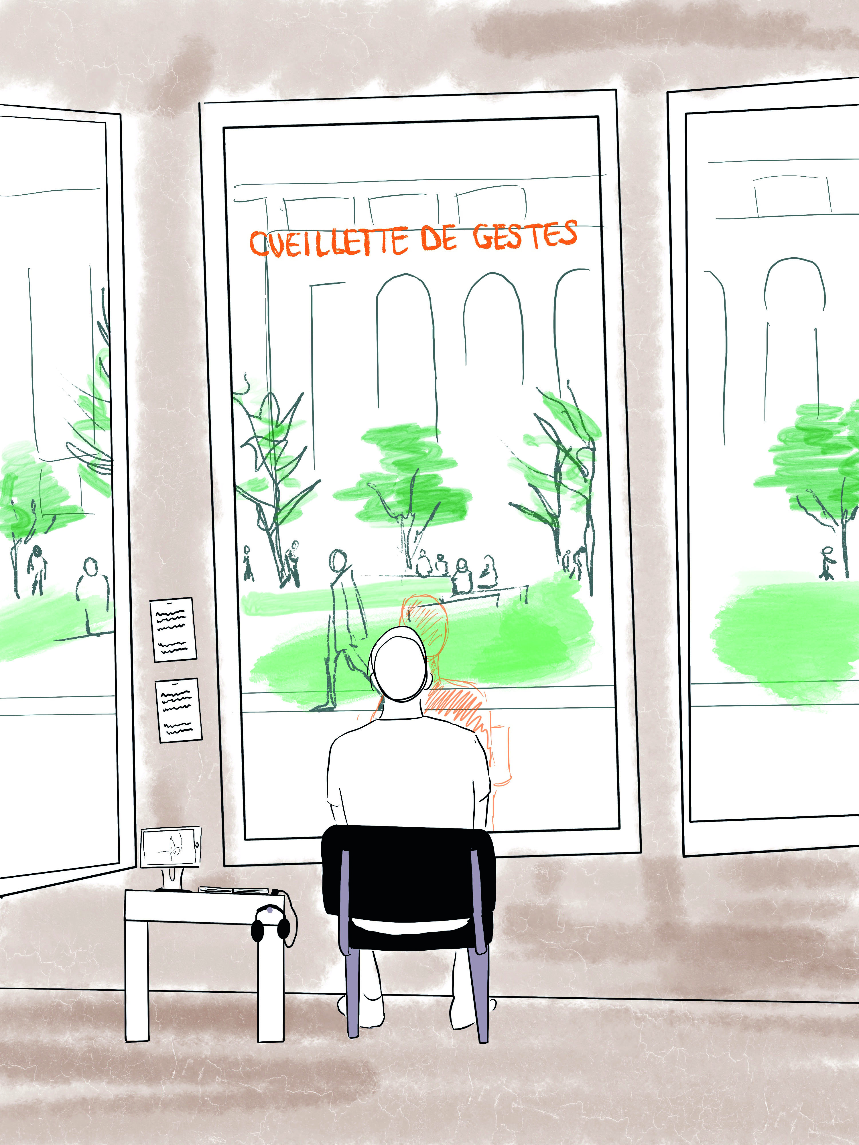 Figure 3.3. Croquis de l’installation réalisée lors de la soutenance des master ArTeC 2024. Une silhouette d’homme assis sur une chaise dans l’espace d’exposition, face à une fenêtre donnant sur un espace vert et une autre silhouette assise de l’autre côté de la vitre. 2024. Autrice&nbsp;: Assia Musitelli Chabane, 2023