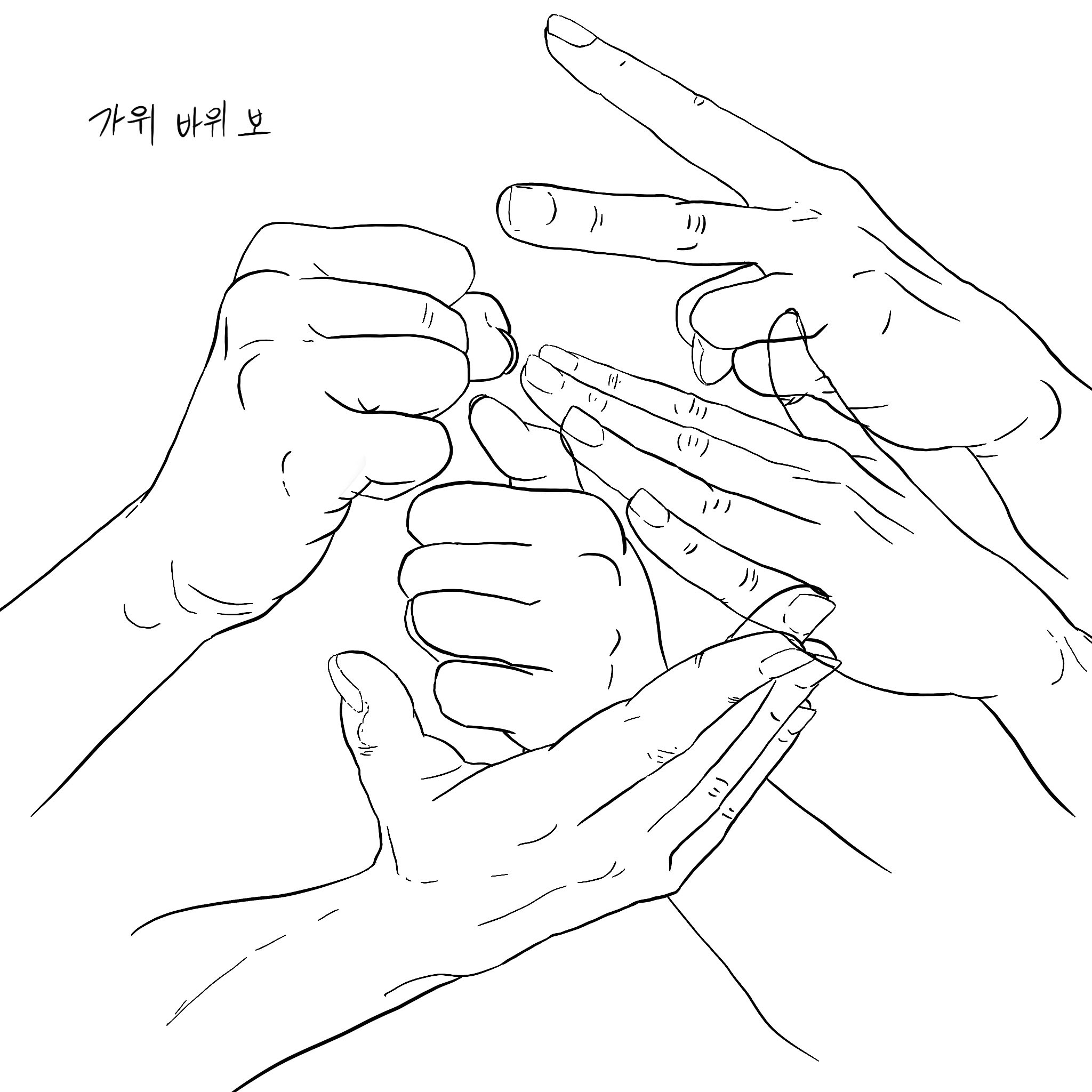 Figure 4.2. «&nbsp;Gawi, bawi, bo.&nbsp;» Dessin représentant des mains en mouvement jouant à pierre-feuille-ciseaux, le nom du jeu est écrit en langue hangul en haut à gauche. Autrice&nbsp;: Assia Musitelli Chabane, 2023