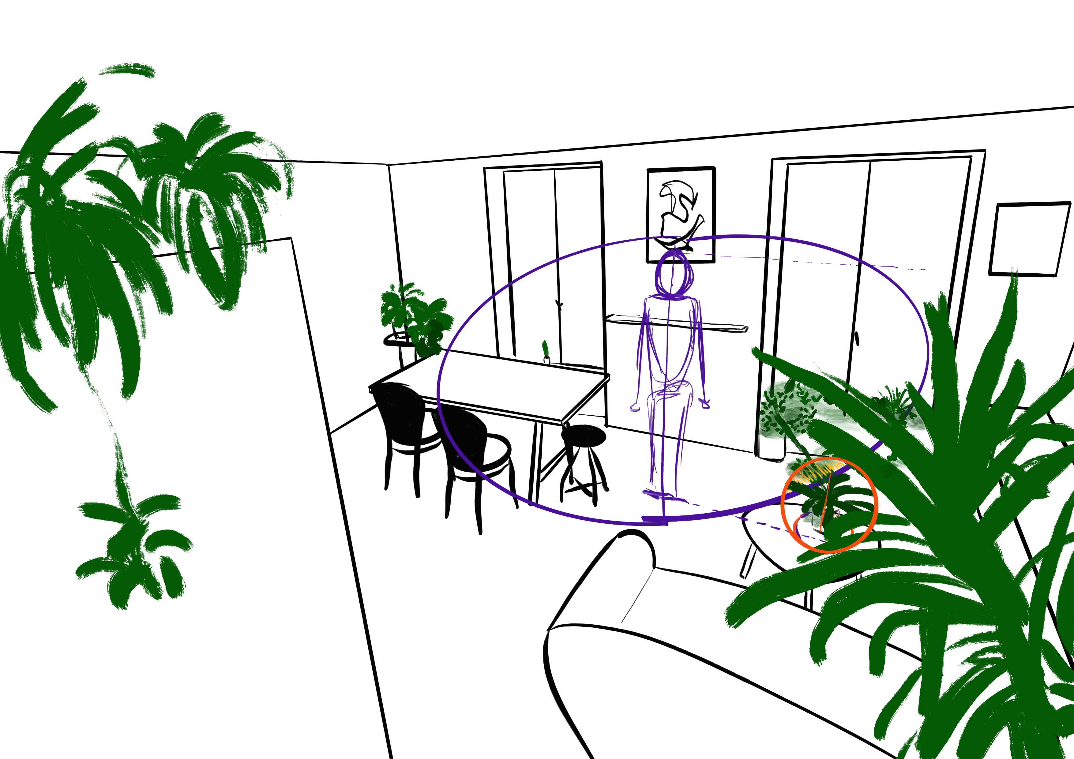 Figure 5.4. Dessin, d’un schéma d’une silhouette dans un appartement et ses sphères d’interaction avec une plante verte. Autrice&nbsp;: Assia Musitelli Chabane, 2023