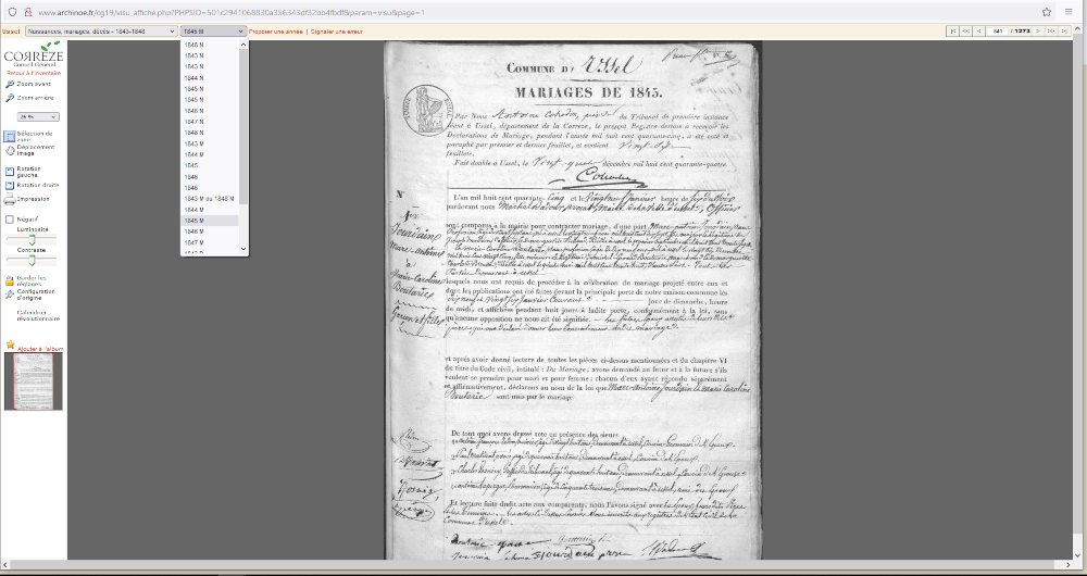 Figure 1. Archives départementales de la Corrèze&nbsp;: images des naissances, mariages et décès de la ville d’Ussel, 1843-1848 (1273 images, avec repérage par année et type d’acte)