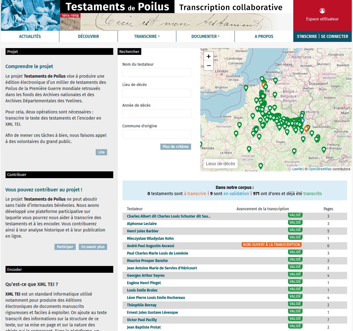 Figure 4. Projet «&nbsp;Testaments de poilus&nbsp;», plateforme de transcription collaborative