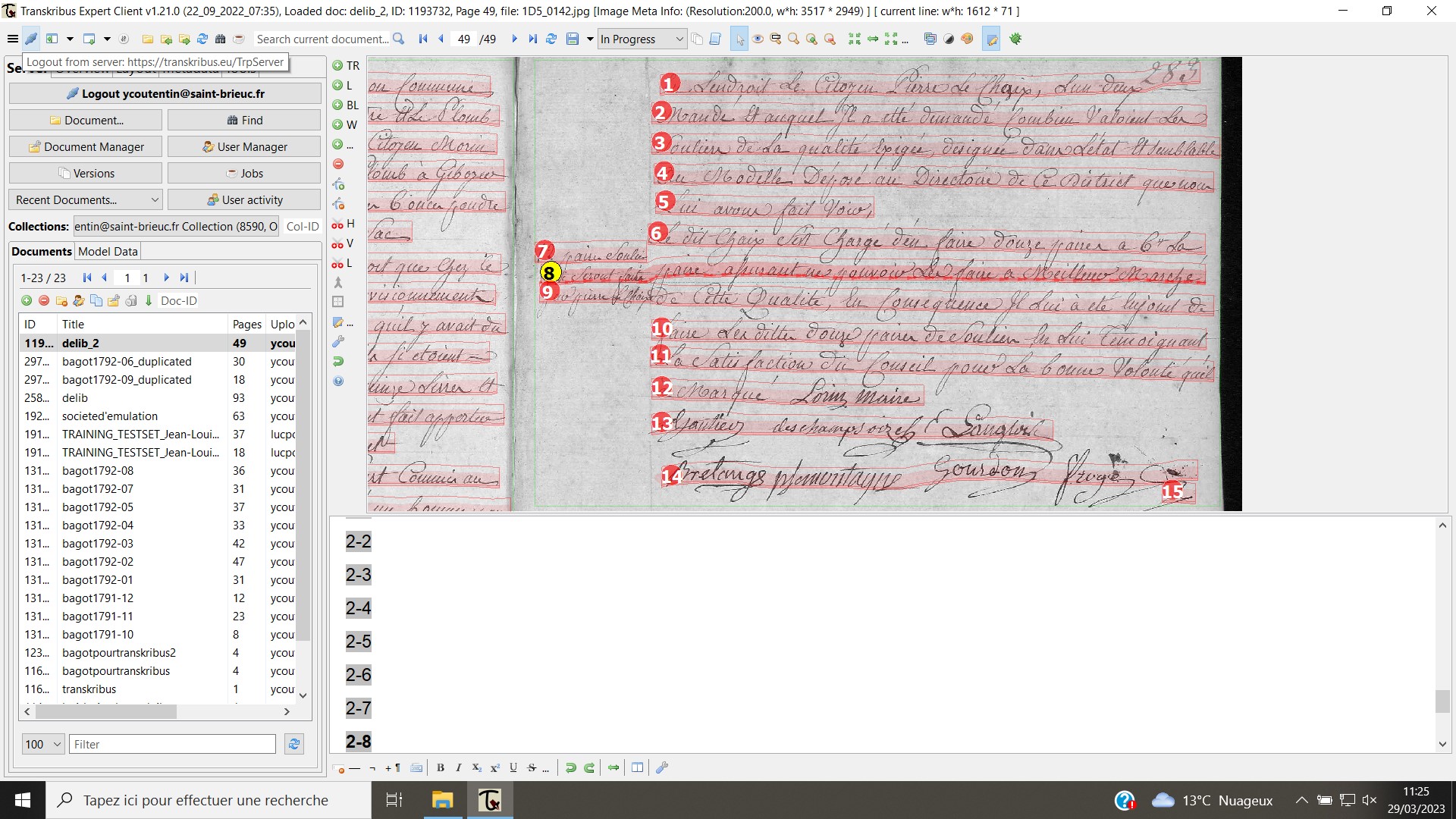 Figure 2. Délibération de la communauté de ville de la fin du XVIIIe&nbsp;siècle après recherche automatique des zones de texte et des lignes
