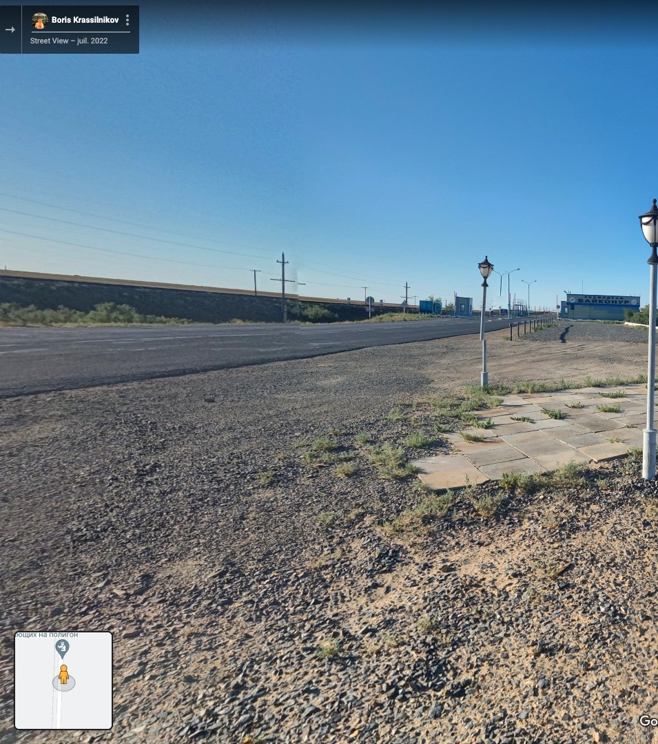 Check-point et accès au cosmodrome de Baïkonour. Source&nbsp;: captures d’écran prises sur le site Street View de Google Maps.