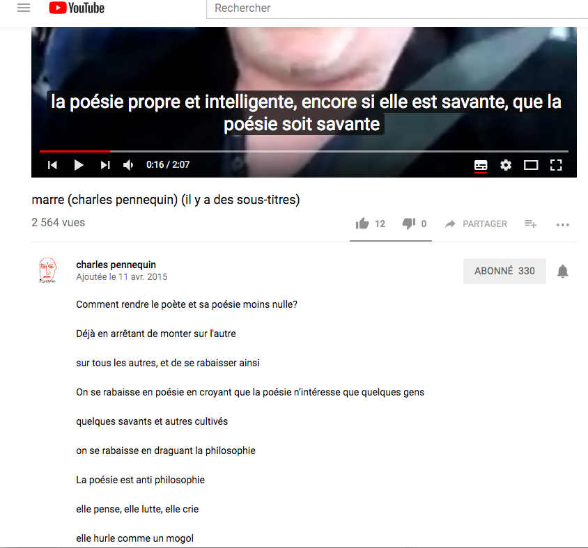Charles Pennequin, «&nbsp;marre (charles pennequin) (il y a des sous-titres)&nbsp;», 11 avril 2015