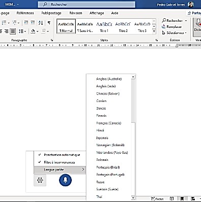 Capture d’écran d’un document Word ouvert avec un focus sur le sous-menu «&nbsp;Langue parlée&nbsp;» du menu des paramètres de la fonction «&nbsp;Reconnaissance vocale&nbsp;» (Source&nbsp;: Pedro Torres)
