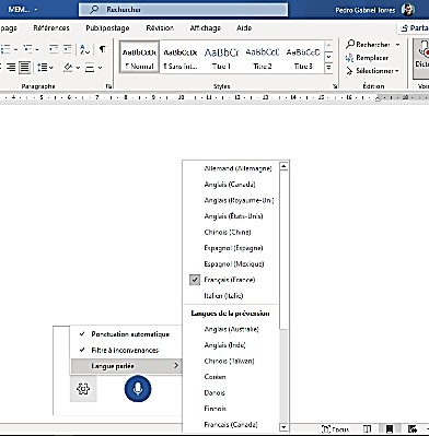 «&nbsp;Français (France)&nbsp;» est coché dans le sous-menu des paramètre de la fonction de reconnaissance vocale (Source&nbsp;: Pedro Torres)